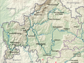 Kartenausschnitt Mainfranken mit Markierung der Brutstandorte 1994