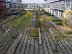 Blick in den mittleren Innenhof mit Obstbäumen und langem Wasserbecken