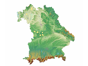 Bayernkarte mit dargestellten Punktvorkommen in der südlichen Frankenalb im Landkreis Donau-Ries und in Unterfranken