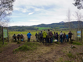 Einer Gruppe von Menschen werden Informationen über den Lebensraum Moor bei einer Führung vermittelt, im Hintergrund Berge und Gehölze. 