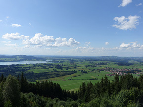 Blick von einem Berg auf das Alpenvorland und den Forggensee im Landkreis Ostallgäu.