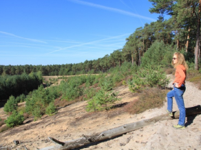 Eine Frau steht auf einer großen Sanddüne. Im Vordergrund offene Sandflächen, in der Mitte des Bildes Heidekraut und im Hintergrund ein lichter Kiefernwald.