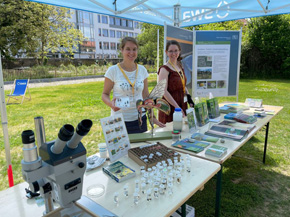 Zwei Mitarbeiterinnen des LfU stehen hinter ihren Standtischen, auf welchen ein Stereoskop, verschiedene Insektenproben und Literatur zur Ansicht ausgelegt sind.