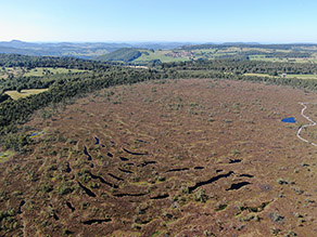 Luftaufnahme eines Moores mit wassergefüllten Rissen im Moorkörper, die im Vordergrund halbmondförmig angeordnet sind.