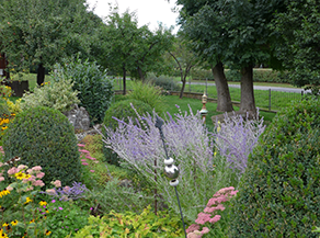 Hausgarten mit vielen verschiedenen, blühenden Pflanzen.