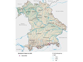 Bayerkarte mit Markierung der Verbreitungsgebiete vor dem Jahr 2000.