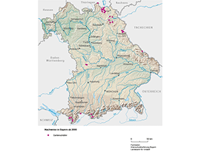 Bayerkarte mit Markierung der Verbreitungsgebiete ab dem Jahr 2000.