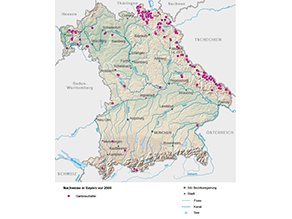 Bayerkarte mit Markierung der Verbreitungsgebiete vor dem Jahr 2000.