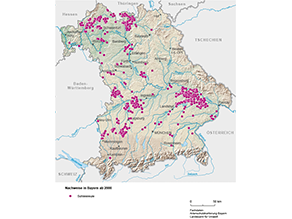 Bayerkarte mit Markierung der Verbreitungsgebiete ab dem Jahr 2000.