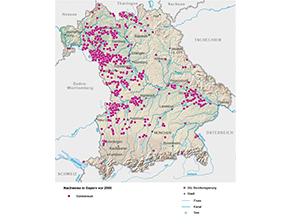 Bayerkarte mit Markierung der Verbreitungsgebiete vor dem Jahr 2000.