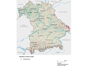 Bayerkarte mit Markierung der Verbreitungsgebiete ab dem Jahr 2000.