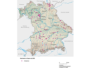 Bayerkarte mit Markierung der Verbreitungsgebiete ab dem Jahr 2000.