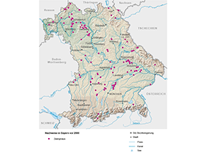 Bayerkarte mit Markierung der Verbreitungsgebiete vor dem Jahr 2000.