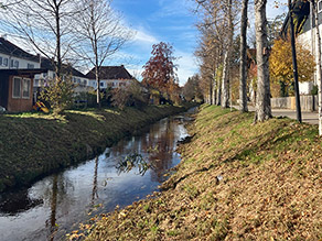 Ein Bach fliesst durch ein Wohngebiet.