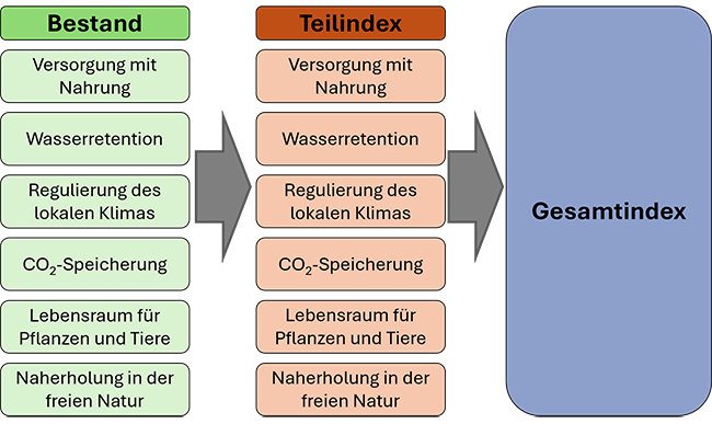 Teilschritte zur Erfassung und Bewertung der ausgewählten Ökosystemleistungen: Bestandserfassung, Teilindexermittlung, Gesamtindexermittlung