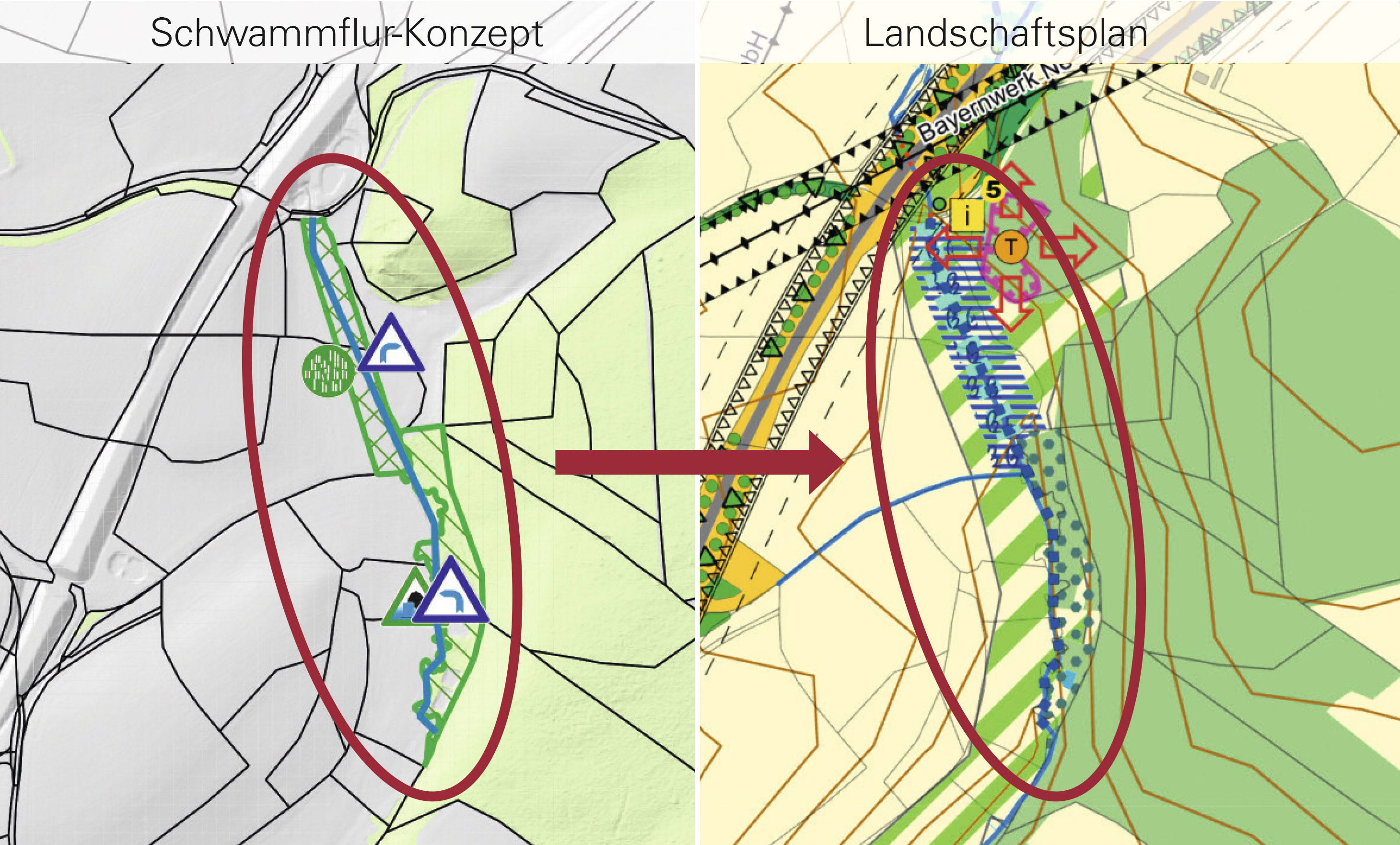 Eine Renaturierung der Dietscha wird im Schwammflur-Konzept unterhalb der Bundesstraße vorgeschlagen (rot umrandeter Bereich) und entsprechend in den Landschaftsplan integriert (rechter Planausschnitt).