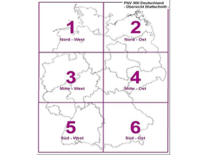 Blattschnitt der PNV-Übersichtskarte 1:500.000 von Deutschland. Dieses ist in 6 gleiche Abschnitte gegliedert.