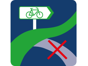 Grün markierter Radweg mit Hinweisschild, daneben eine durchgestrichene Straße. Grün markierter Radweg mit Hinweisschild, daneben eine durchgestrichene Straße.