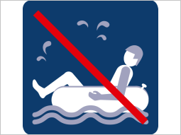 Mann mit großem Schwimmreifen, durchgestrichen.