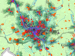Kartenausschnitt Würzburg mit Inhalten der Klimaanalysekarte.