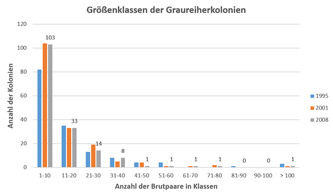 Säulendiagramm 'Größenklassen Kolonien' für das Jahr 2008: In der Größenklasse 1-10 Brutpaare gab es 103 Kolonien; bei 11-20 Brutpaaren waren es 33 Kolonien; bei 21-30 Brutpaaren waren es 14 Kolonien; bei 31-40 Brutpaaren waren es 8 Kolonien; In den Größenklassen 41-50, 51-60, 61-70 und 71-80 Brutpaaren war es jeweils 1 Kolonie. In den Größenklassen 81-90 und 90-100 Brutpaaren gab es keine Kolonien. Dafür aber eine Kolonie, die mehr als 100 Brutpaare zählte.