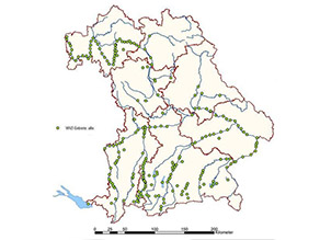 Die Karte zeigt die Verteilung der etwa 100 Wasservogelzählgebiete in Bayern