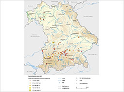Die Abbildung zeigt eine physische Reliefkarte des Freistaats Bayern in der die Saatkrähenkolonien als Punkte dargestellt sind. Dabei werden die Kolonien hinsichtlich ihrer Größe kategorisiert dargestellt. Die Kategorien lauten: 1-20 Brutpaare, 21-200 Brutpaare, 201-400 Brutpaare, 401-750 Brutpaare und 751-1500 Brutpaare. Mit zunehmender Koloniegröße wird der Punkt größer dargestellt. Die Verteilung der Punkte lässt einen deutlichen Schwerpunkt in der südlichen Hälfte Bayerns erkennen. Sehr gut auf der Karte zu erkennen ist die deutliche Konzentration der Kolonien in den Flussniederungen.