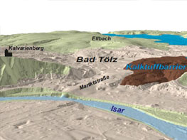 Historische Lage der Kalktuff-Barriere mit aufgestautem See im Stadtgebiet Bad Tölz