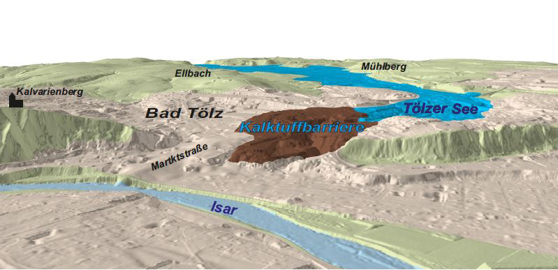  Historische Lage der Kalktuff-Barriere mit aufgestautem See im Stadtgebiet Bad Tölz