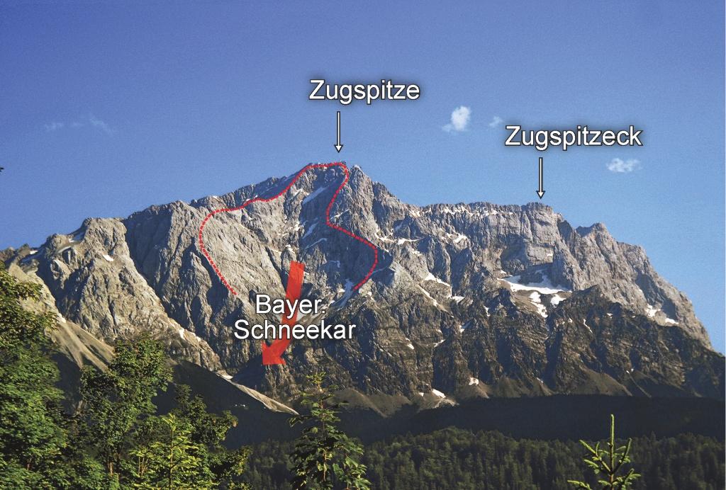 Der Eibsee-Bergsturz: Die Ausbruchnische des Eibsee-Bergsturzes in der Zugspitz-Nordwand ist bei abendlichem Gegenlicht von der Elmau-Straße gut zu erkennen.