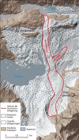 Eibsee-Bergsturz im digitalen Geländemodell. Die Bergsturzmassen verschütteten das Loisachtal auf einer Breite von mindestens einem Kilometer (rechte obere Bildecke).