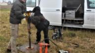LfU-Geologen mit Bohrhammer auf der Suche nach der Vulkanasche-Schicht im Nördlinger Rieskrater bei Ehingen (Schwaben)