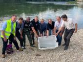 PM 34/2023:  Vertreter des Landesfischereiverbandes, des Wasserwirtschaftsamtes Landshut, des Bayerischen Landesamtes für Umwelt und des Bayerischen Staatsministeriums für Umwelt und Verbraucherschutz beim Besatz der Streber an der Isar bei Landau 