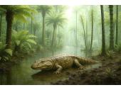 PM 37/2025:  Lebend-Rekonstruktion eines Cyclotosaurus mit Riesenfarnen und Schachtelhalmbäumen; KI-generiert 07/2025, Landes-Paläontologe Dr. Matthias Kranner, LfU 