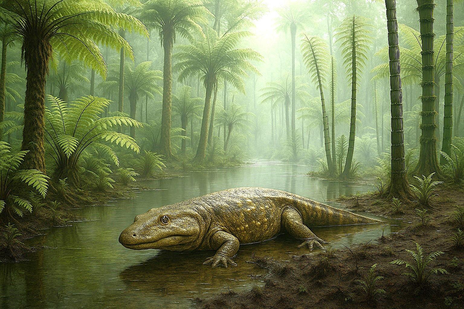 KI-generierte Lebend-Rekonstruktion eines Cyclotosaurus mit Riesenfarnen und Schachtelhalmbäumen; OpenAI Sora 07/2025, nachbearbeitet durch LfU KI-generierte Lebend-Rekonstruktion eines Cyclotosaurus mit Riesenfarnen und Schachtelhalmbäumen; OpenAI Sora 07/2025, nachbearbeitet durch LfU