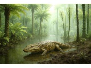 Lebend-Rekonstruktion eines Cyclotosaurus mit Riesenfarnen und Schachtelhalmbäumen; KI-generiert 07/2025, Landes-Paläontologe Dr. Matthias Kranner, LfU