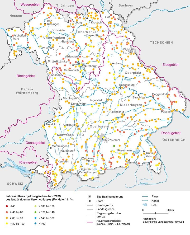 Klassifizierung des mittleren Jahresabflusses für Fließgewässerpegel, Abflussjahr 2025 Klassifizierung des mittleren Jahresabflusses für Fließgewässerpegel, Abflussjahr 2025