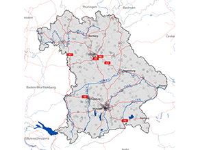 Die Karte von Bayern zeigt die Lage der 441 Messpunkte des EMF-Monitorings.