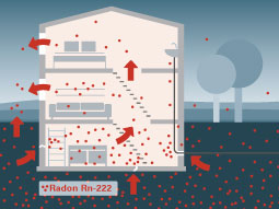 Skizze eines Hauses mit möglichen Eintrittsstellen für Radon in Gebäude und Ausbreitungswege innerhalb von Gebäuden.
