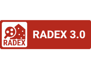 Rotes Logo zu RADEX 3.0 auf weißem Grund: Links ein stilisiertes Haus mit weißen Punkten, die Radon darstellen. Davor eine Lupe, die die Punkte vergrößert. Haus und Lupe stehen auf dem Begriff „RADEX“. Rechts davon der Name der Fachanwendung “RADEX 3.0“ in weißer Schrift auf rotem Grund. Rotes Logo zu RADEX 3.0 auf weißem Grund: Links ein stilisiertes Haus mit weißen Punkten, die Radon darstellen. Davor eine Lupe, die die Punkte vergrößert. Haus und Lupe stehen auf dem Begriff „RADEX“. Rechts davon der Name der Fachanwendung “RADEX 3.0“ in weißer Schrift auf rotem Grund.