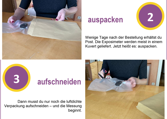 Schritte 2 und 3: Auspacken und Aufschneiden. Jetzt wird das Exposimeter ausgepackt. Danach musst du nur noch die luftdichte Verpackung aufschneiden.