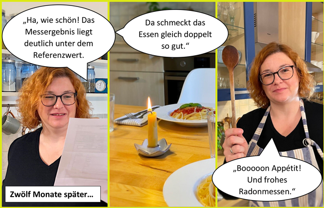 Radon und die Dunstabzugshaube 3. Carolin erhält das Messergebnis und sieht, dass alles in Ordnung ist. Das Essen steht schon auf dem Tisch und schmeckt bei einem Messergebnis unter dem Referenzwert doppelt so gut. Zum Schluss wünscht Carolin einen guten Appetit und frohes Radonmessen.