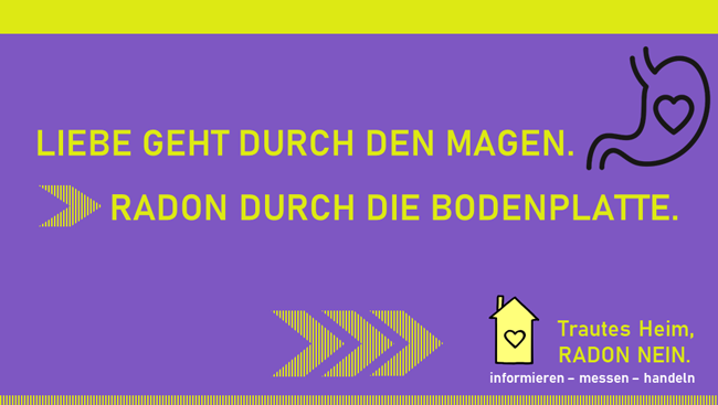 Stilisierter Magen mit Herz und Text: 'Liebe geht durch den Magen. Radon durch die Bodenplatte.' Zudem ein Häuschen mit Herz und Text: 'Trautes Heim, Radon nein. informieren - messen - handeln.'