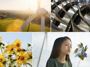 Bildcollage aus Windrädern, Sonne, PV-Anlagen und Energiepflanzen.