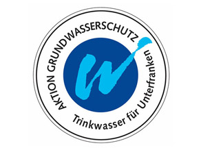 Logo: Blaues Wasserwirtschafts-W umrahmt vom Schriftzug AKTION GRUNDWASSERSCHUTZ – Trinkwasser für Bayern