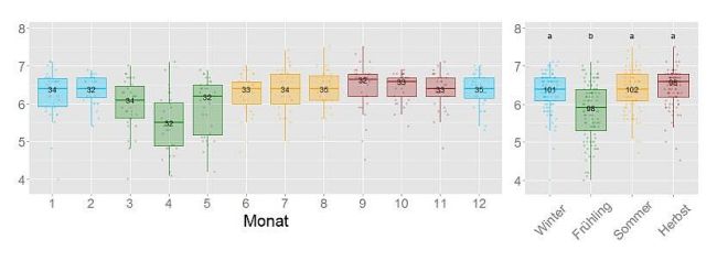 Im linken Teil der Graphik sind die pH-Werte der Messstelle Sagwasser für den Gesamtzeitraum in monatsweisen Boxplots dargestellt. Dabei zeigt sich für die meisten Monate ein gleichbleibender Median des pH-Wertes von ca. 6,4. Nur die Monate März und Mai liegen bei ca. 6,1 und der Monat April liegt noch tiefer bei 5,5. Dies spiegelt auch der rechte Teil der Graphik wieder in dem die pH-Werte nach Jahreszeiten in Boxplots aufgetragen sind. Dort liegt der pH-Wert des Frühlings mit ca. 5,9 signifikant tiefer als die drei anderen Jahreszeiten.