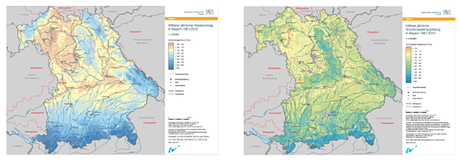 Karten zum Niederschlag und zur Grundwasserneubildung in Bayern.  Nachfolgende Links zum Herunterladen der Karten.