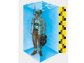 Zeichnung, das Wasser steht bis über den Kopf des Mannes. Zeichnung, das Wasser steht bis über den Kopf des Mannes.