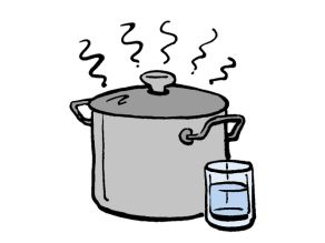 Ein Kochtopf und daneben ein Trinkglas. Ein Kochtopf und daneben ein Trinkglas.