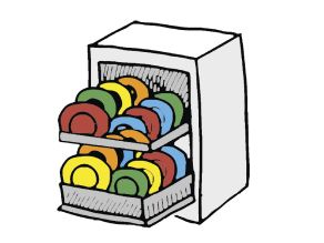 Zeichnung eines komplett befülleten Geschirrspülers. Zeichnung eines komplett befülleten Geschirrspülers.